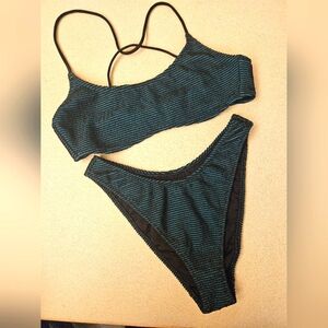 NWOT Black and Turquoise textured stripe tank bikini